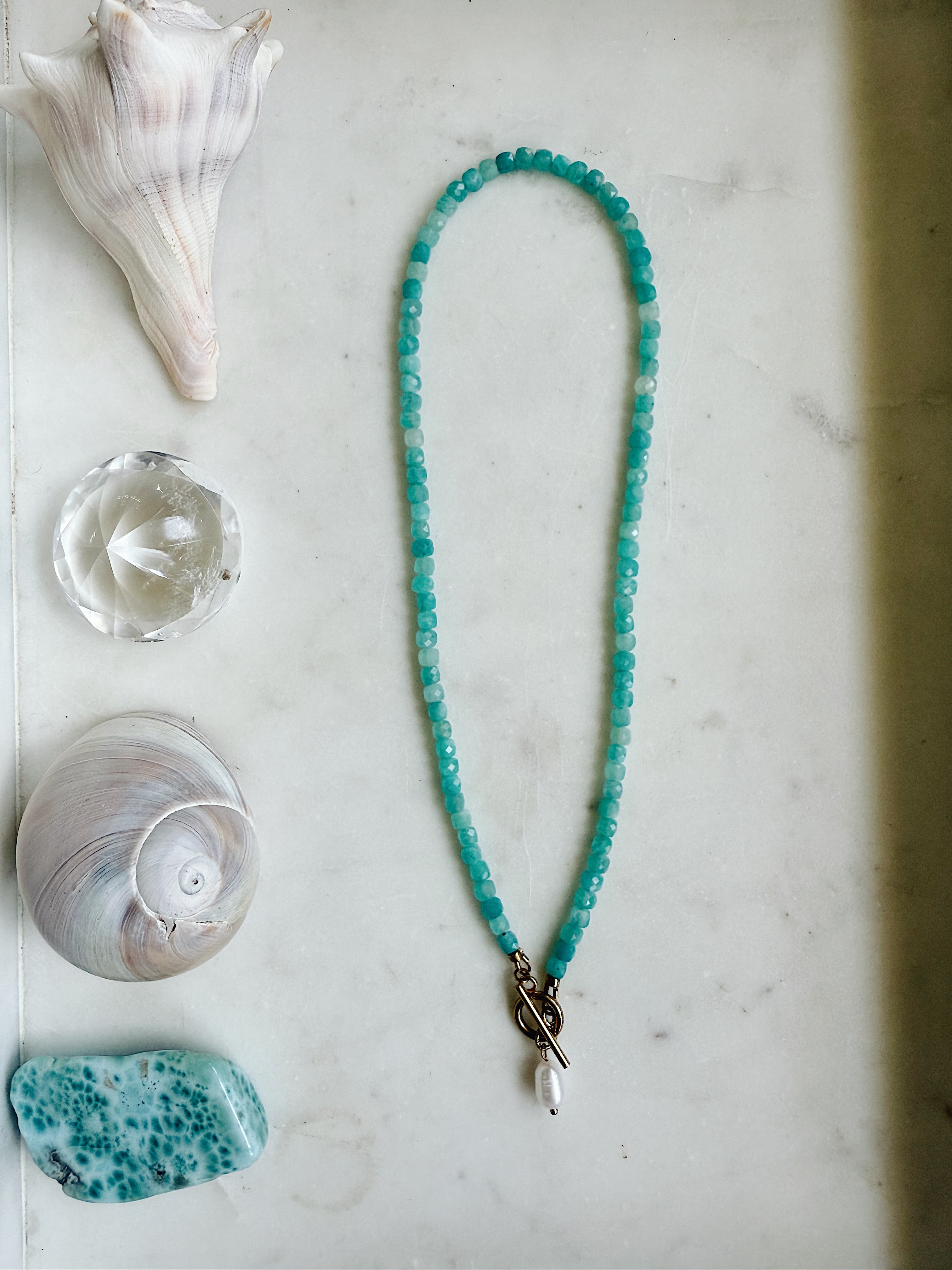 The Bonnie Necklace – freshwater pearl and crystal beaded layering necklace in amazonite, peach aventurine, sunstone, blue jasper, and apatite