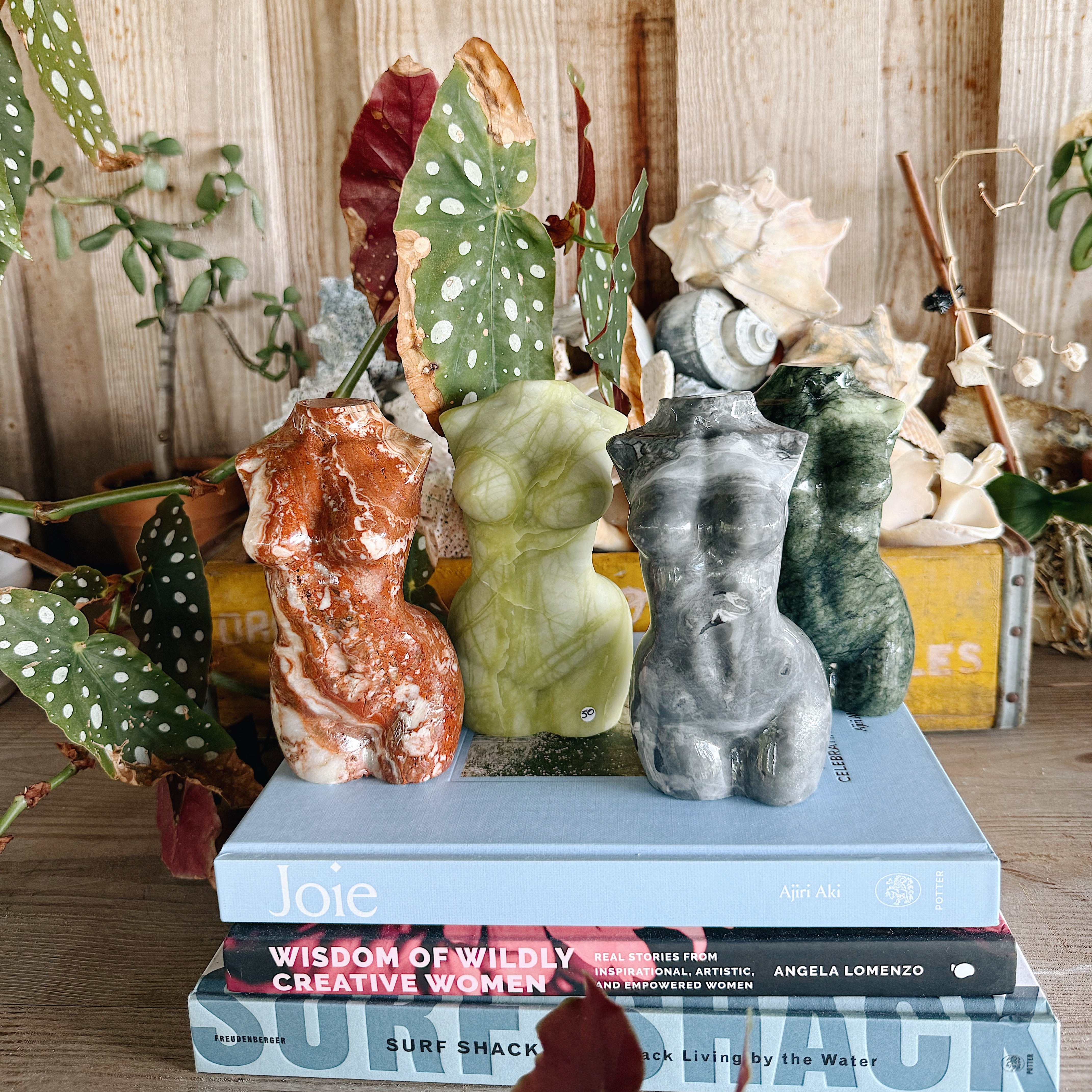 Victory Bodice crystal carving – female form sculpture in red jasper, green opal, shell jasper, or green jasper