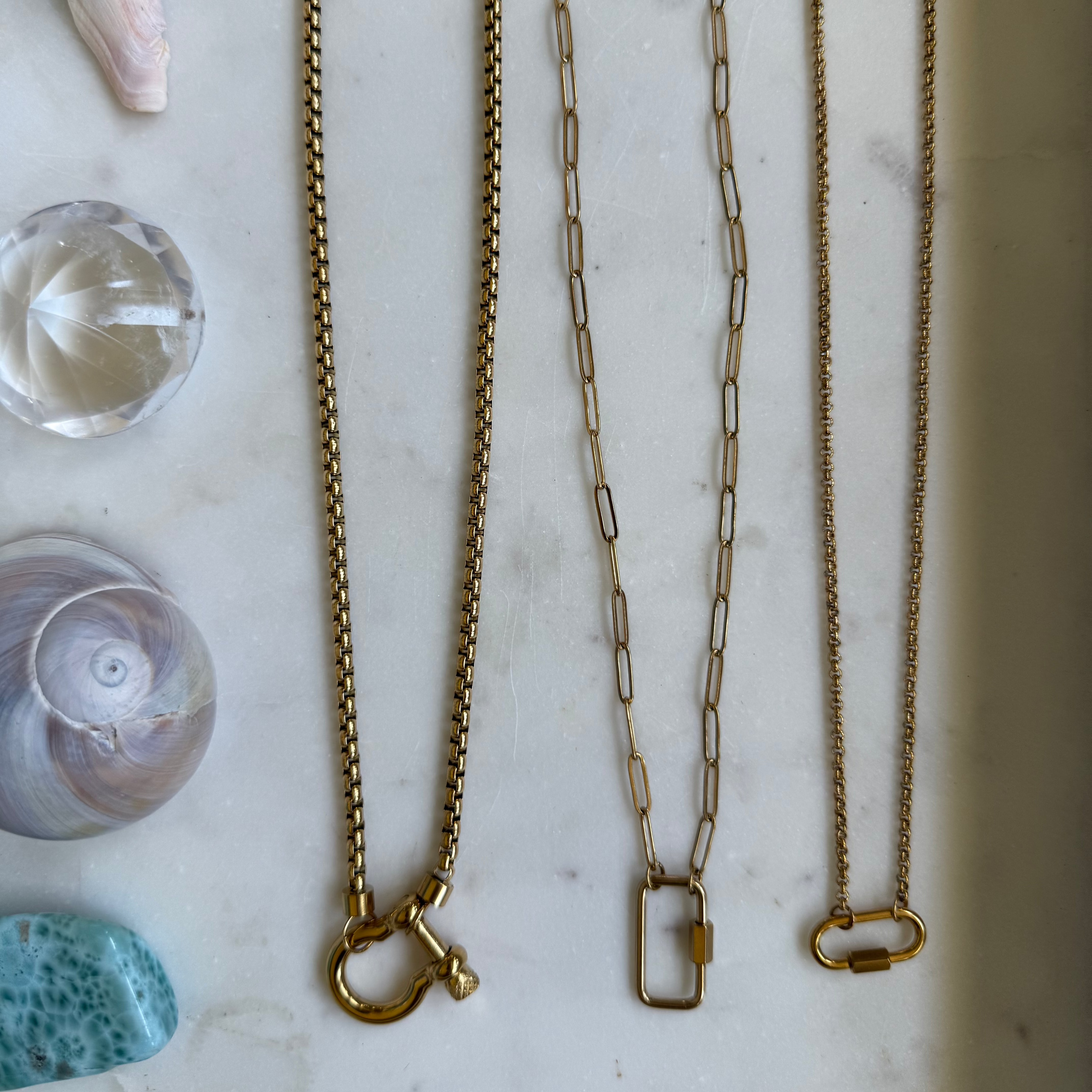 Saylor Carabiner Necklace – 18 inch gold chain with carabiner clasp in round box, rolo, or paper clip styles