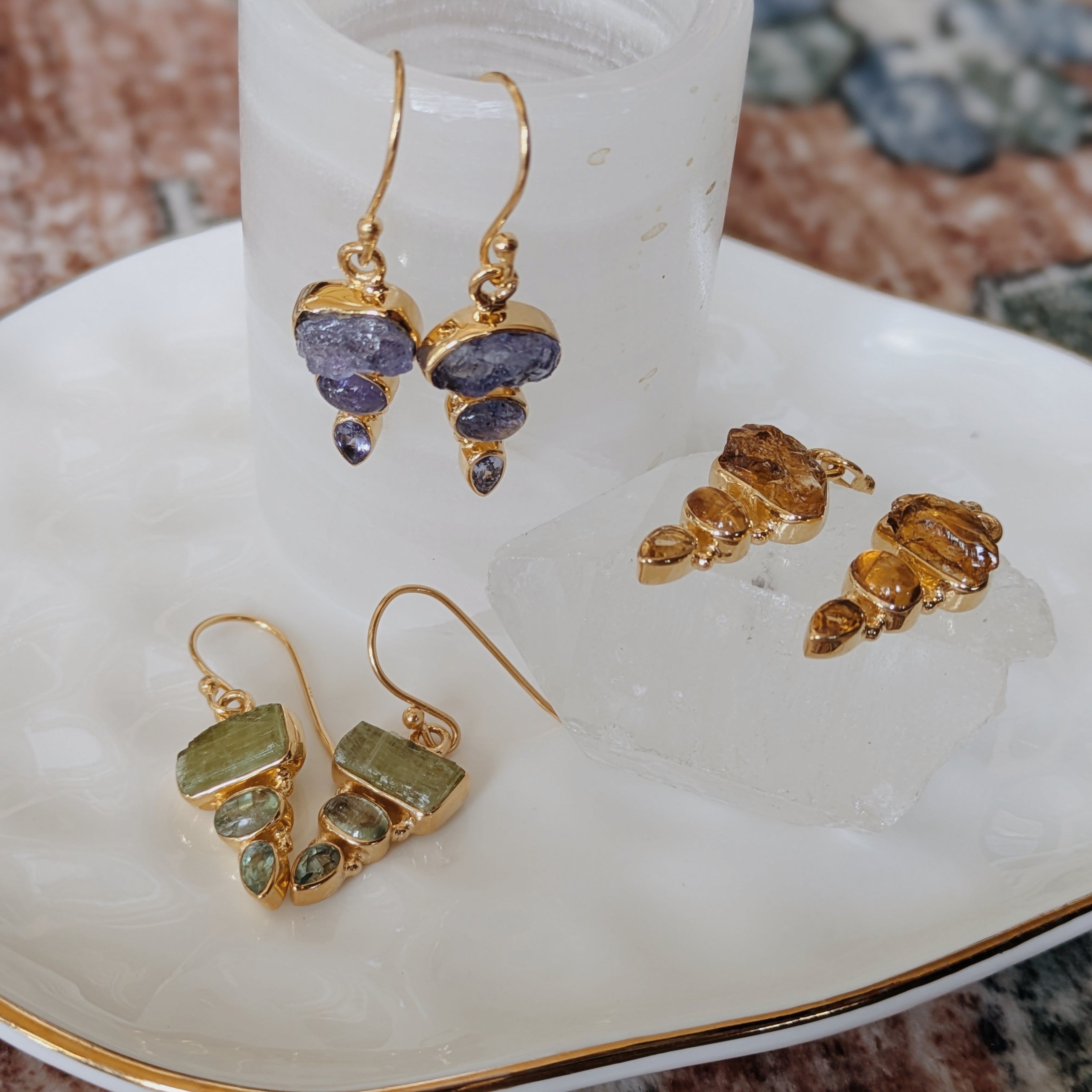 Raw x Polished Gemstone Dangle Earrings | Gold Wild Alabaster