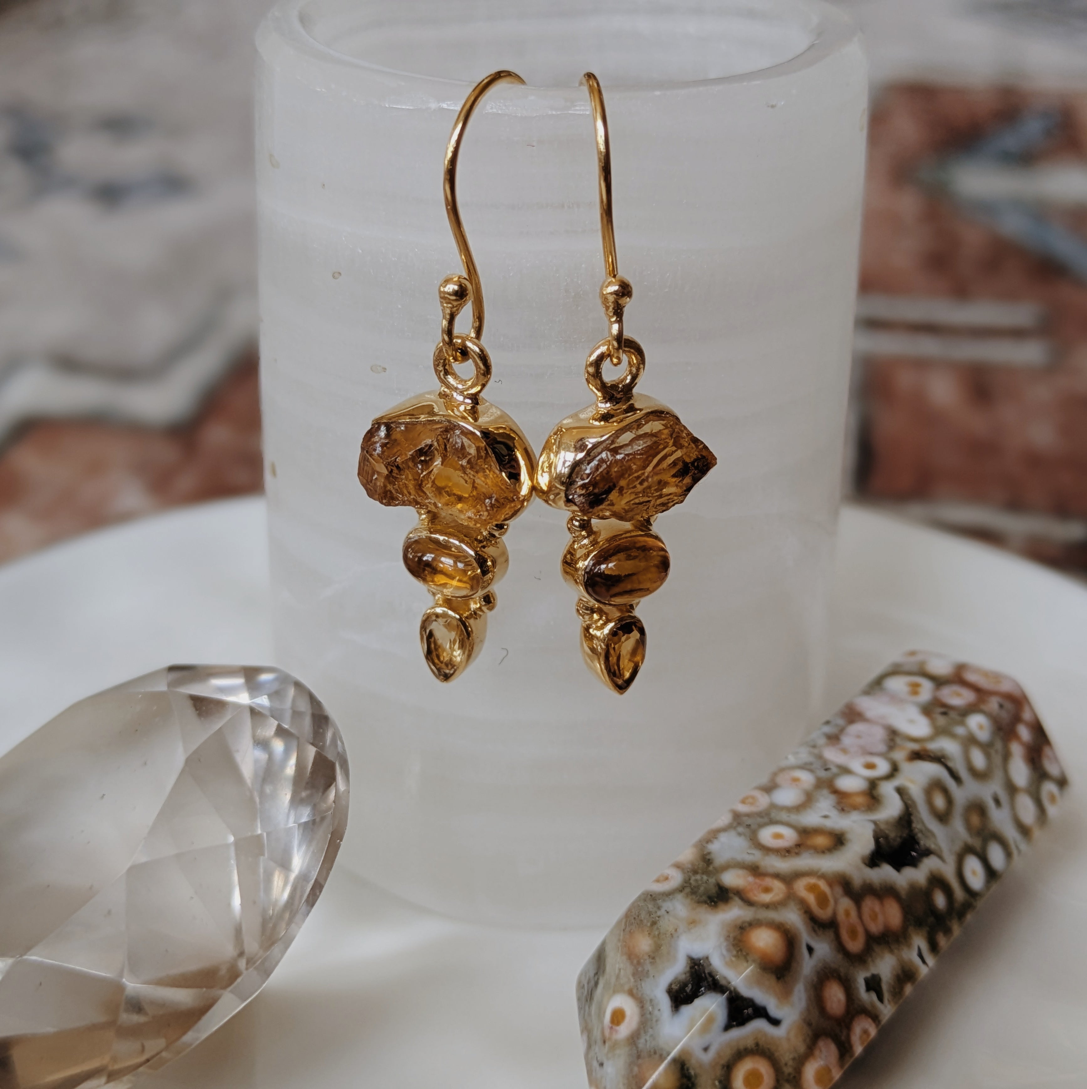 Raw x Polished Gemstone Dangle Earrings | Gold Wild Alabaster