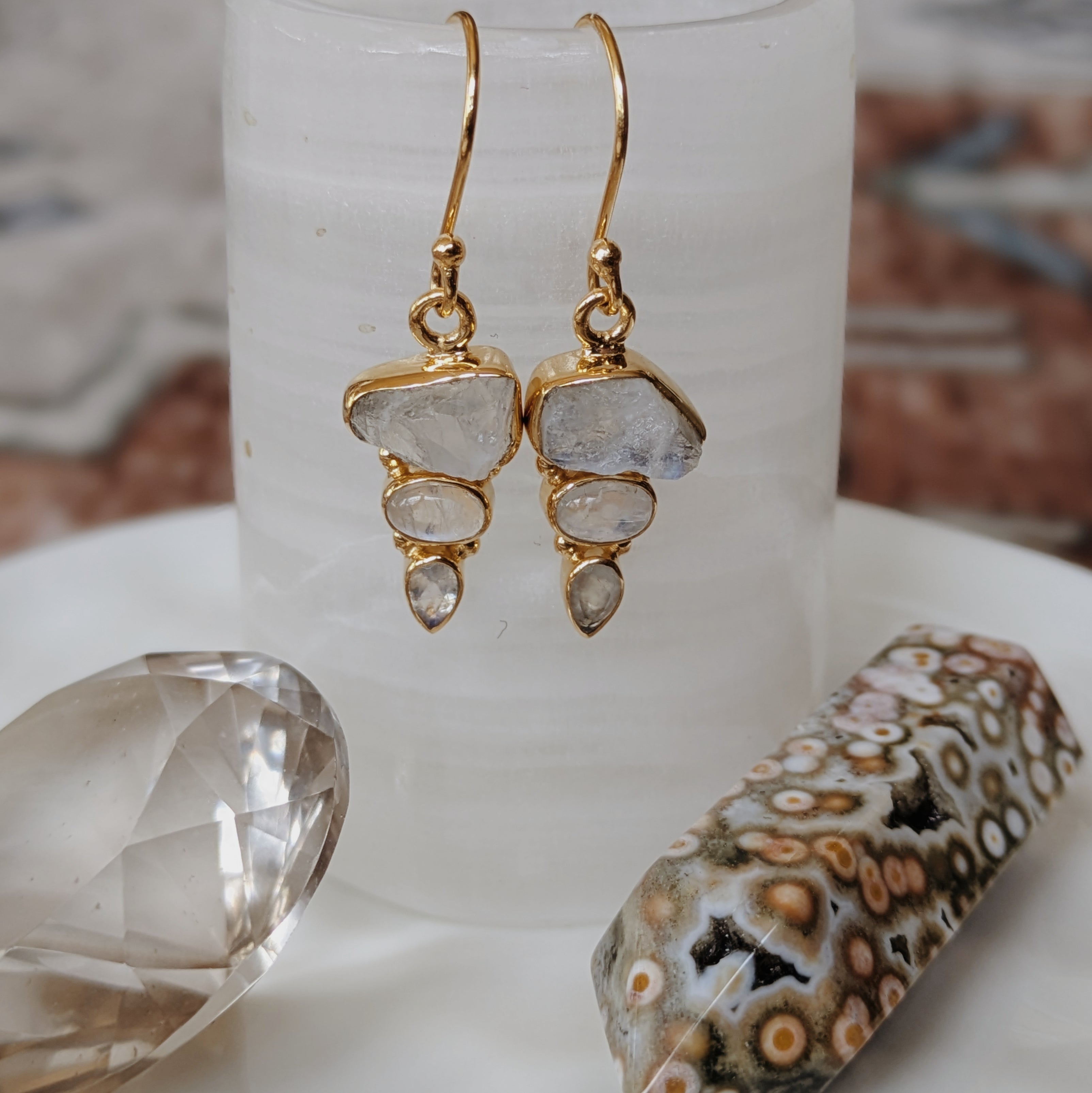Raw x Polished Gemstone Dangle Earrings | Gold Wild Alabaster