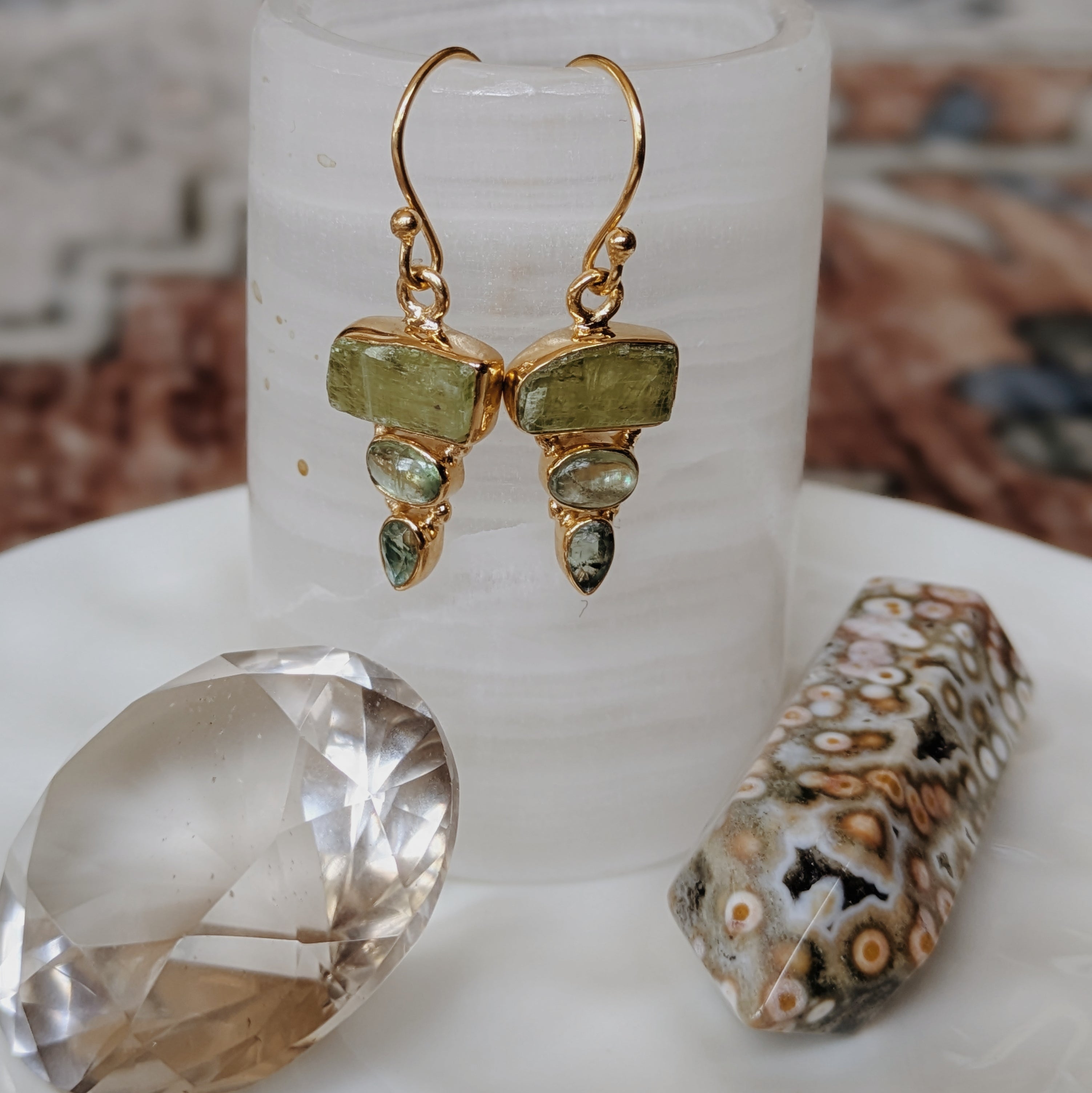 Raw x Polished Gemstone Dangle Earrings | Gold Wild Alabaster