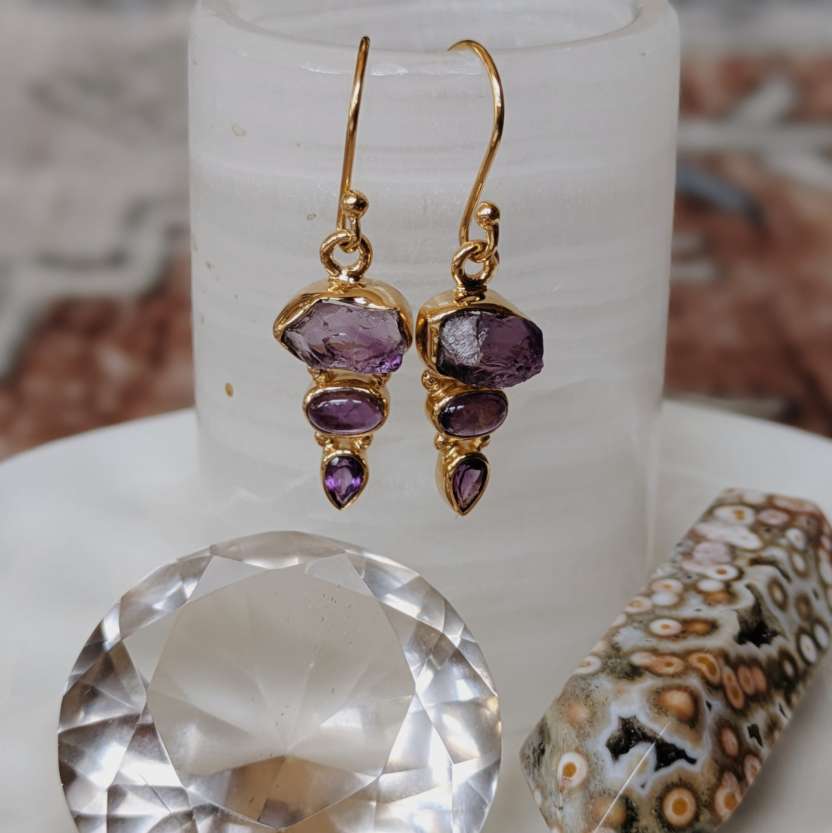Raw x Polished Gemstone Dangle Earrings | Gold Wild Alabaster