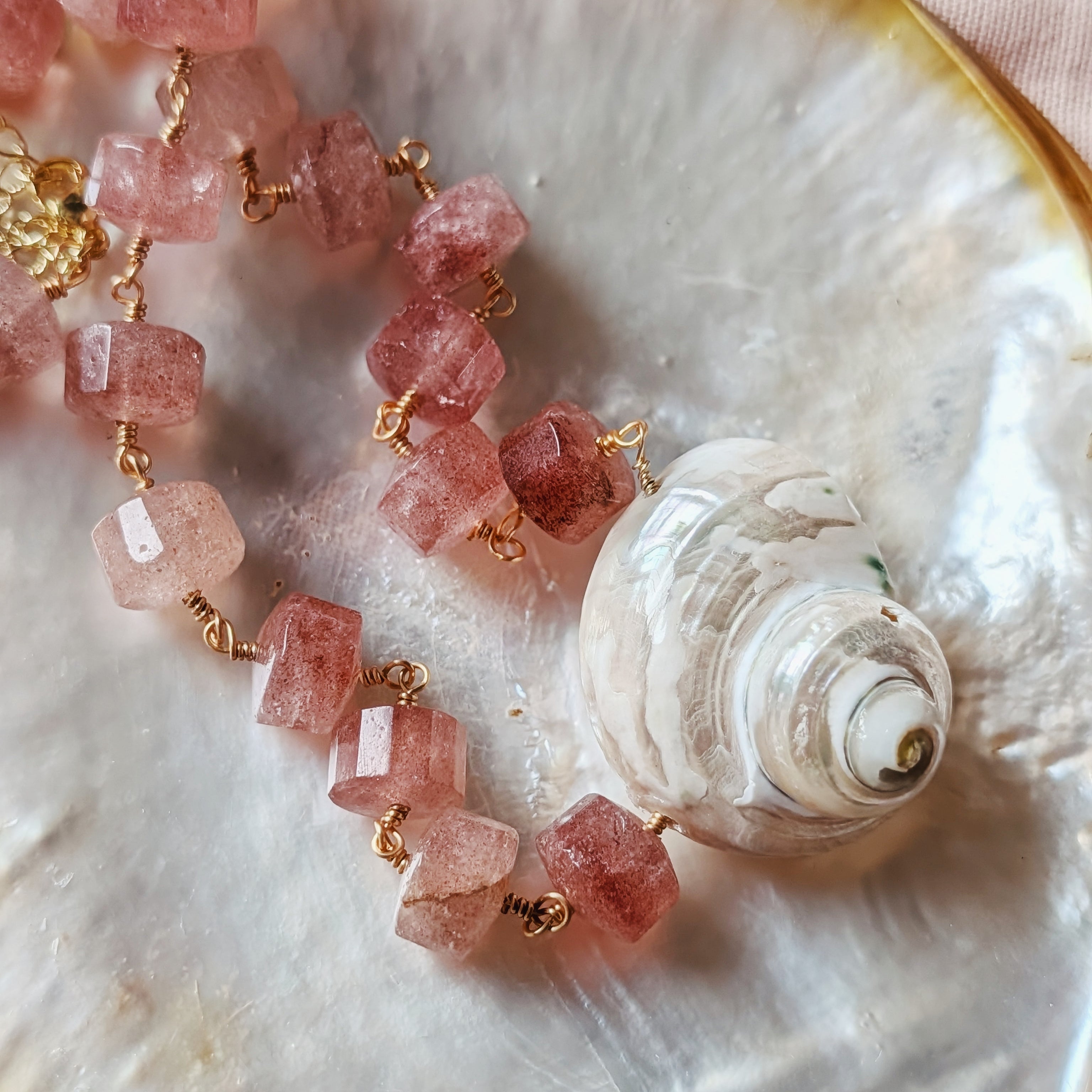 The Anouk Necklace | Strawberry Quartz + Pearlized Shell