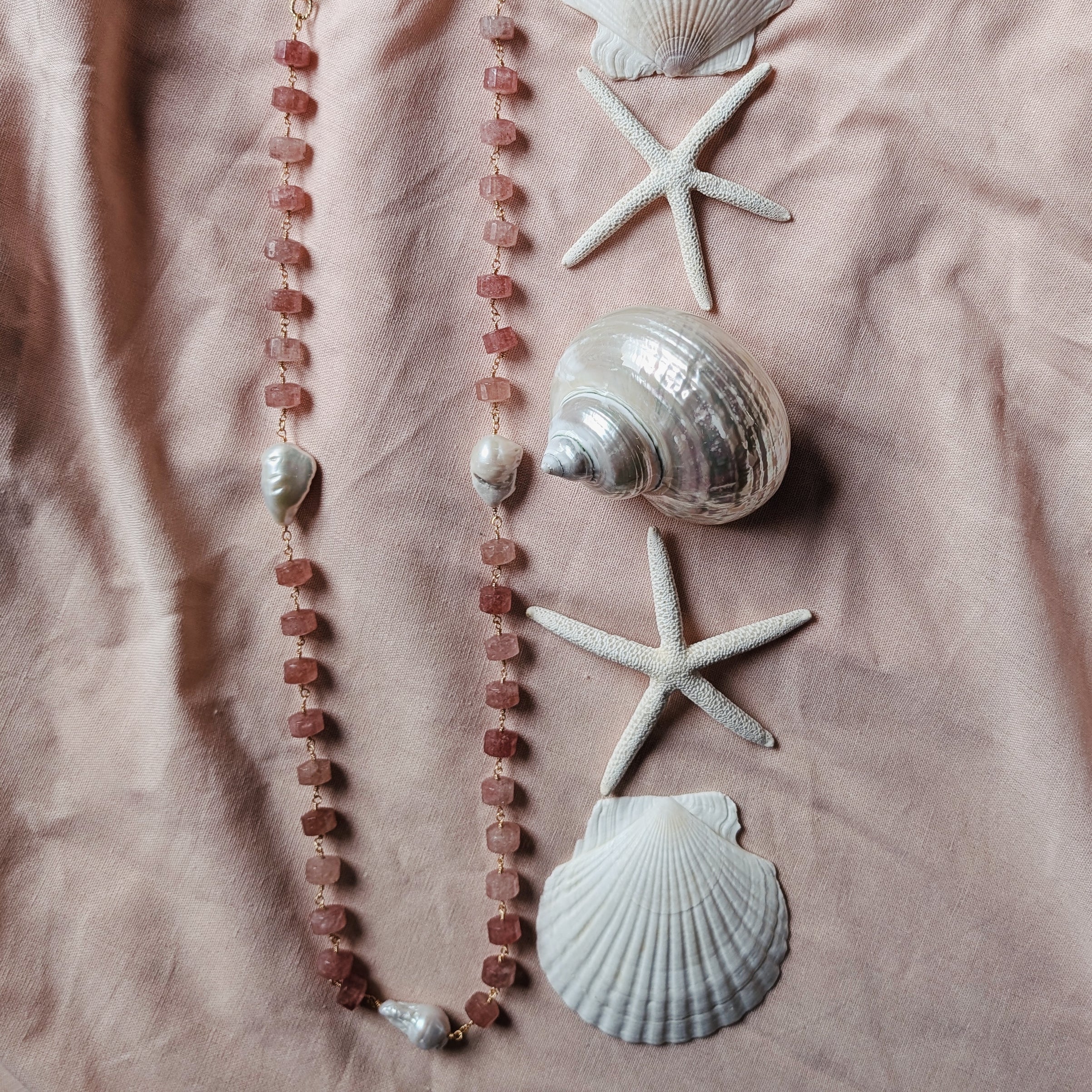 The Mireille Necklace | Strawberry Quartz & Baroque Pearl