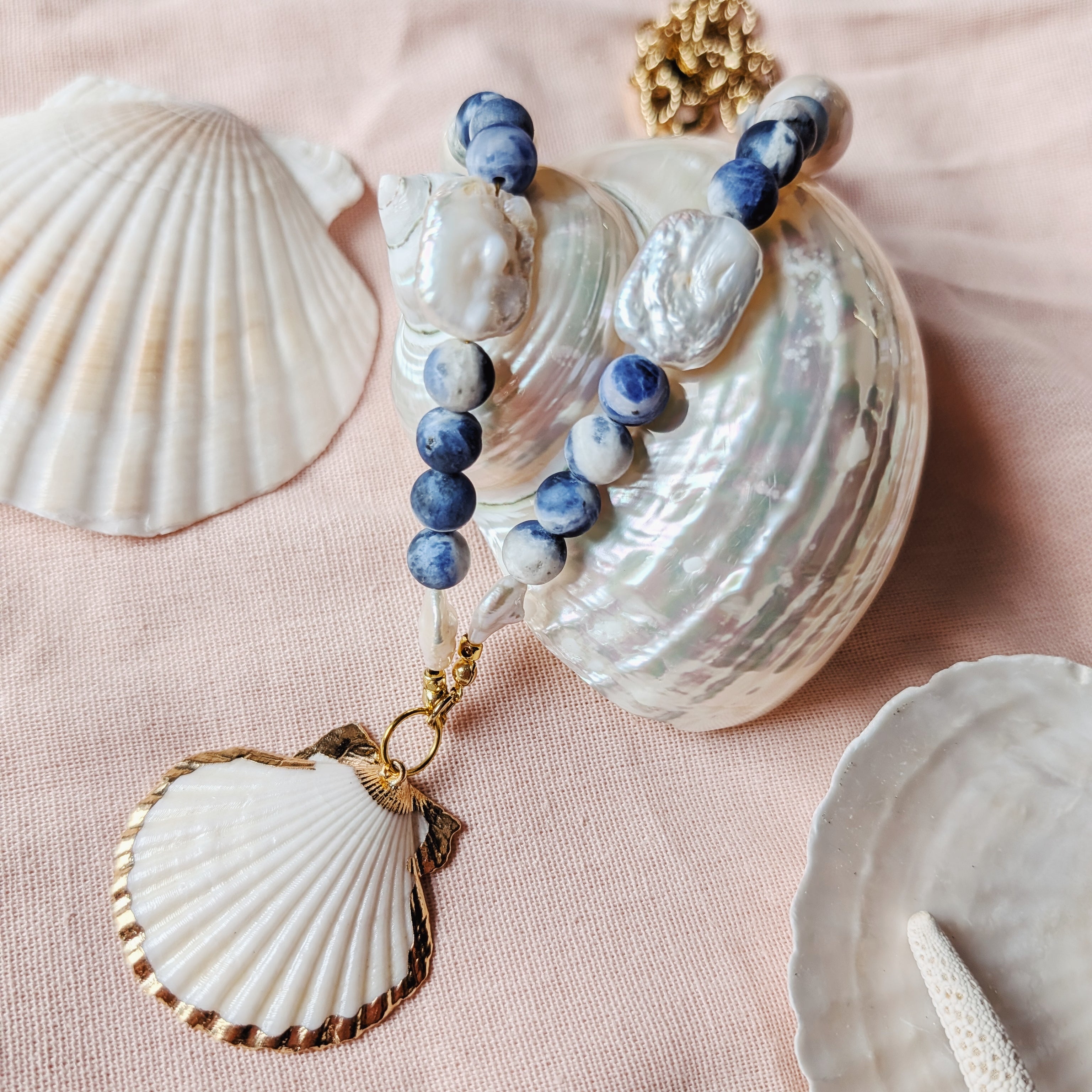 The Solenne Necklace | Sodalite, Baroque Pearl & Gilded Tiger Paw Shell