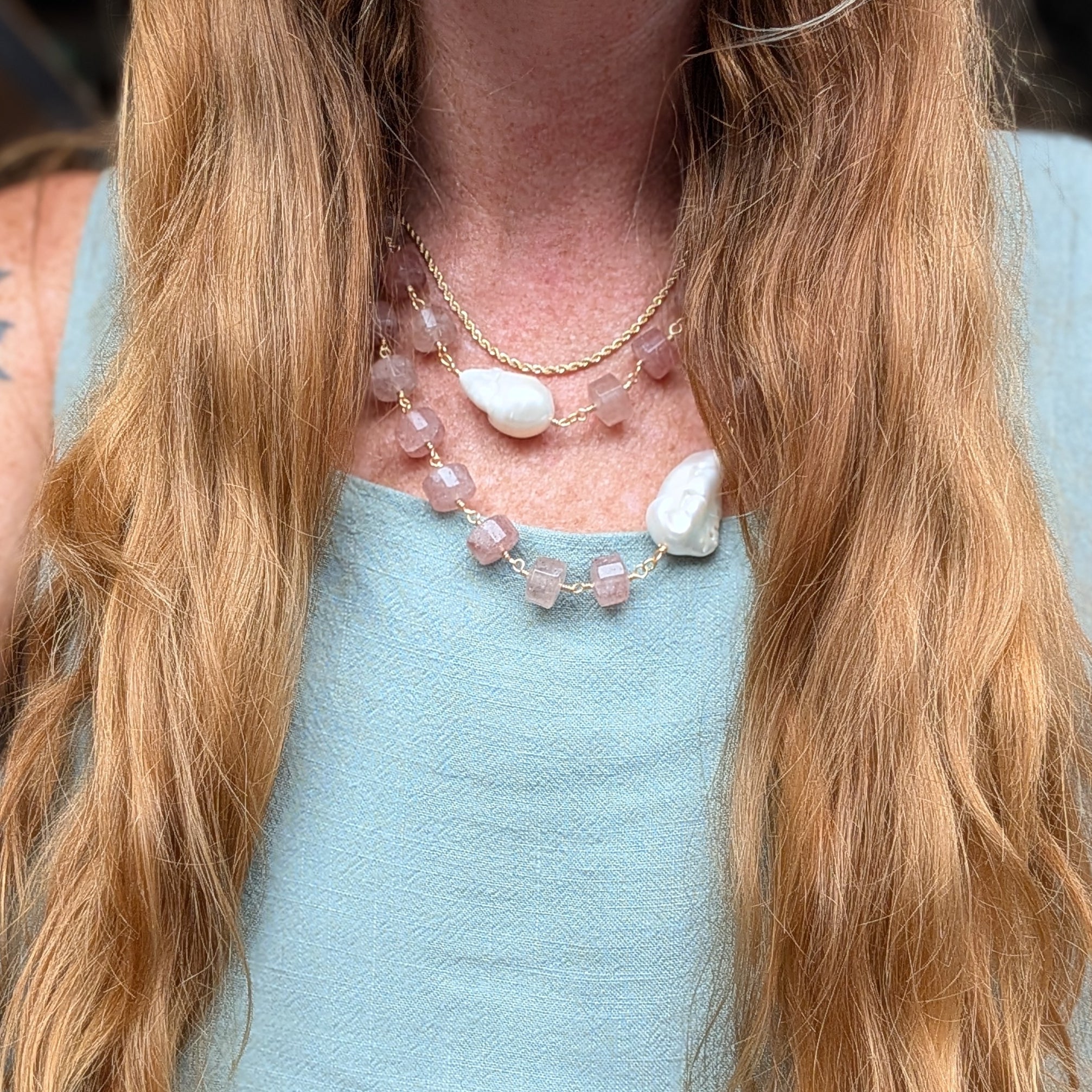 The Mireille Necklace | Strawberry Quartz & Baroque Pearl