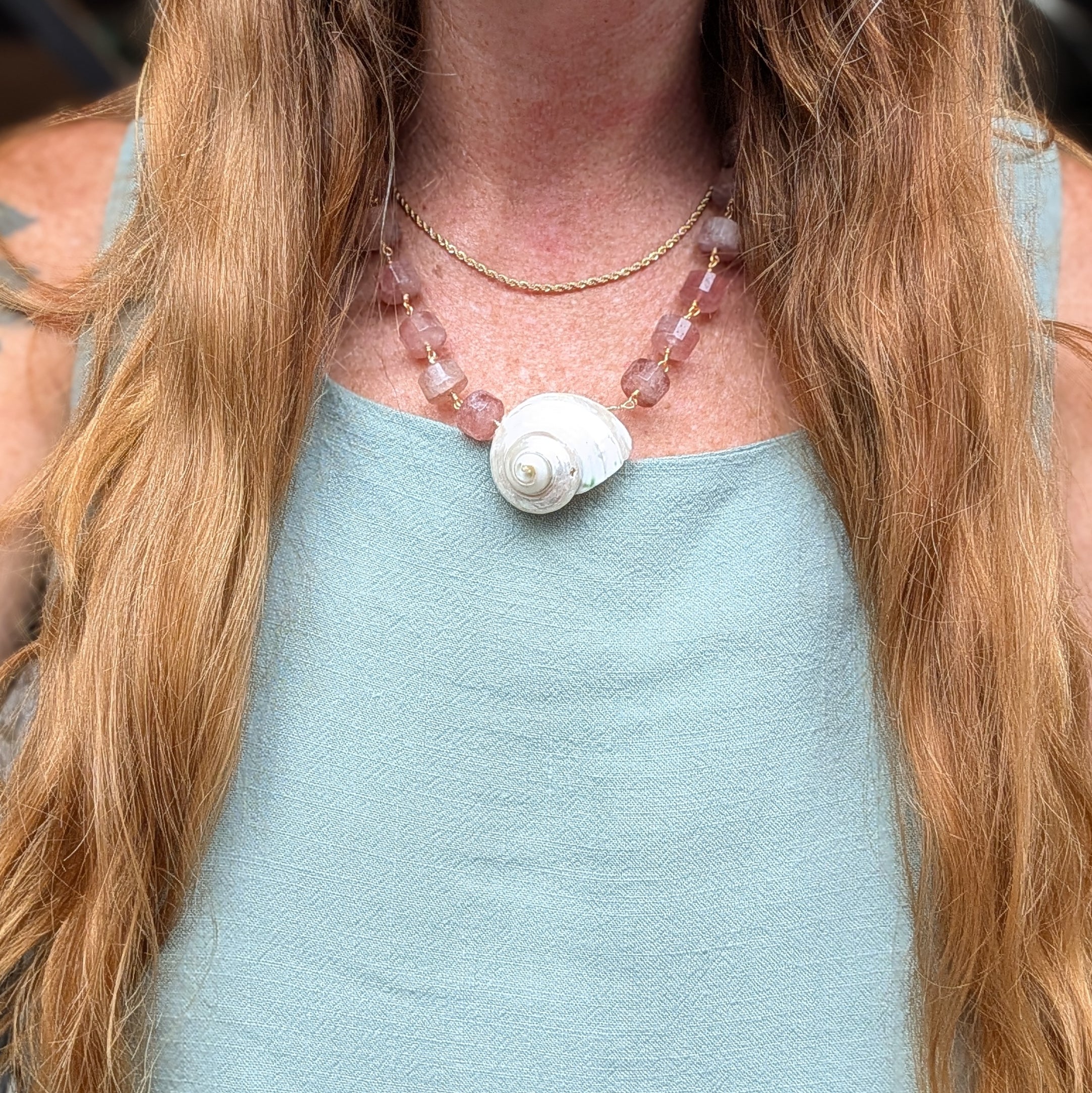 The Anouk Necklace | Strawberry Quartz + Pearlized Shell