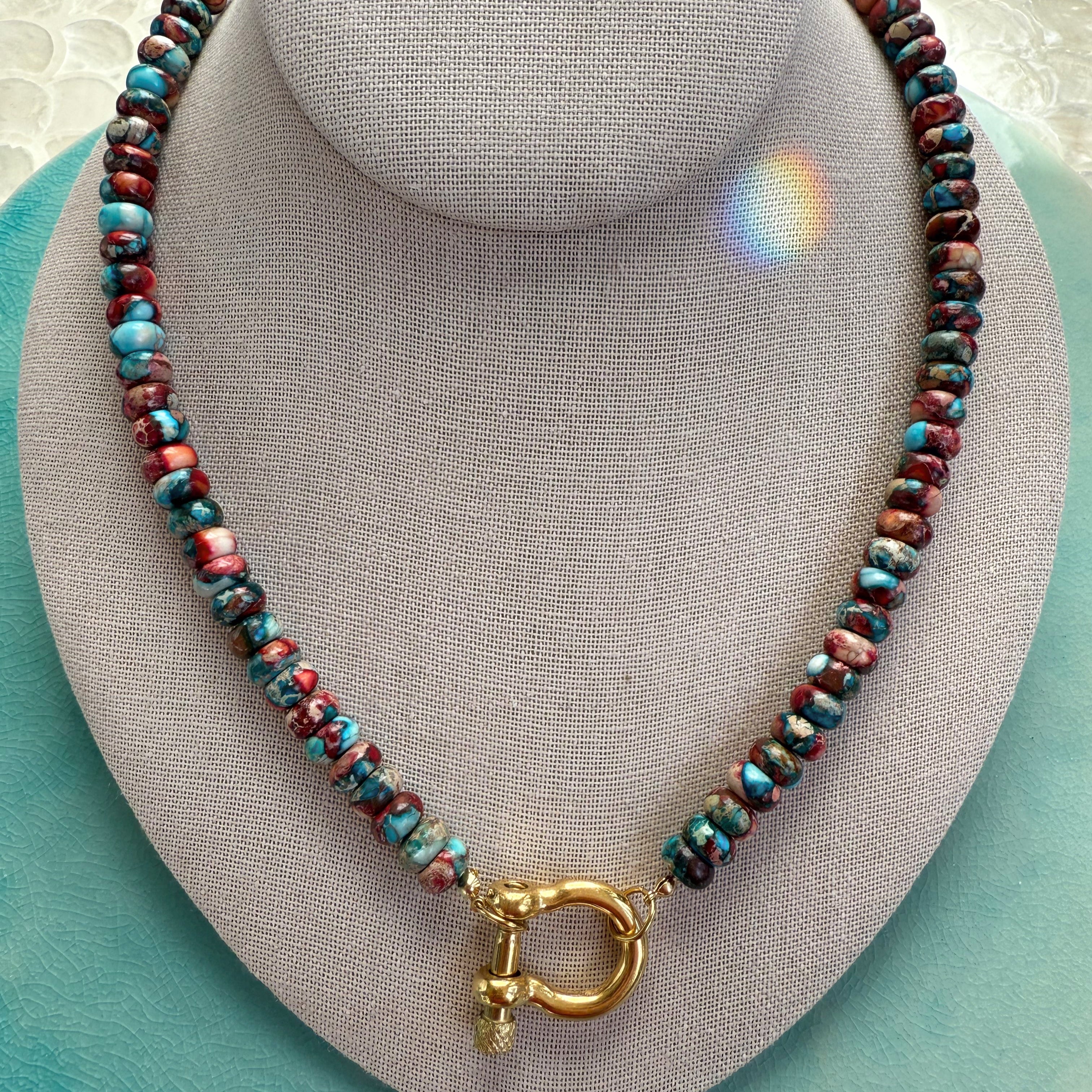 The Vesta beaded necklace by Wild Alabaster — Imperial Jasper gemstone strand with 14K gold Saylor Carabiner clasp.
