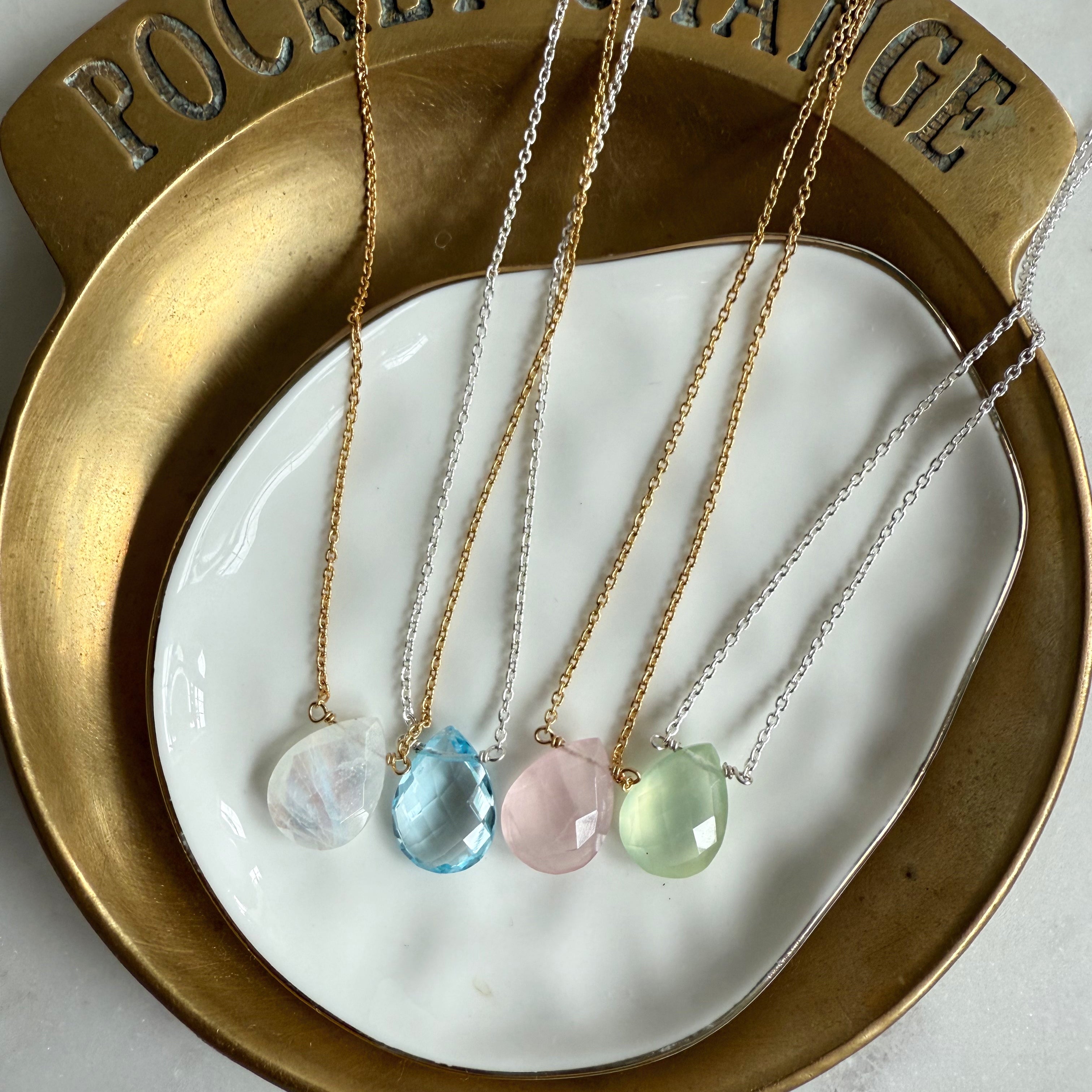 The Luna Drop Necklace by Wild Alabaster — delicate gemstone pendant on 18k gold vermeil or sterling silver chain, minimalist layering design.