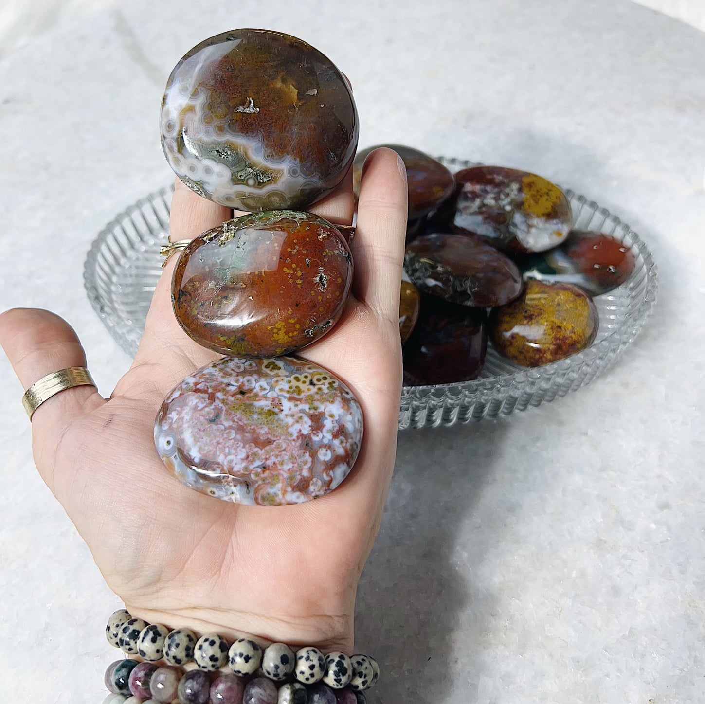 Intuitively Chosen Ocean Jasper First Quality 8th Vein Palm Stone Wild Alabaster