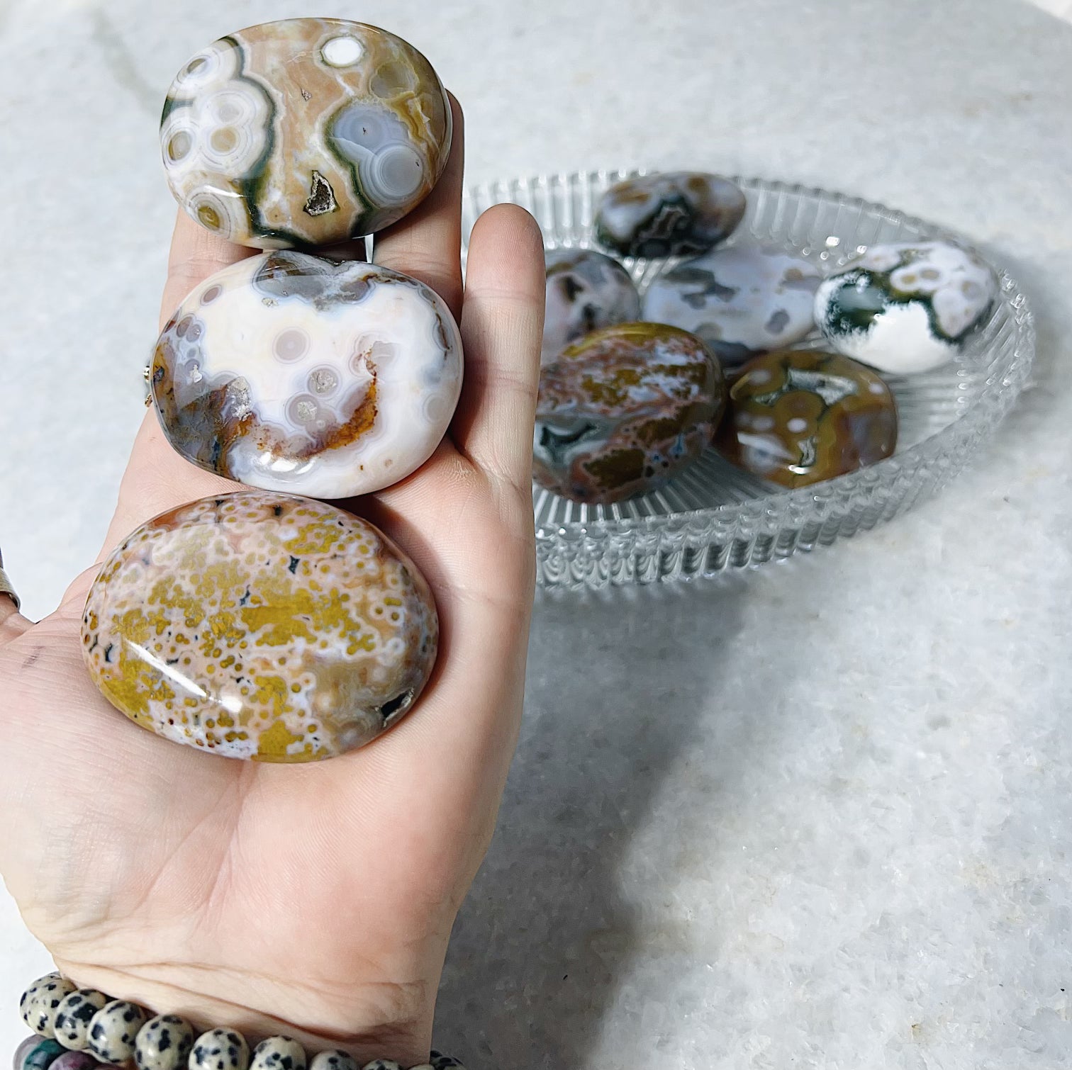 Intuitively Chosen Ocean Jasper First Quality 8th Vein Palm Stone Wild Alabaster