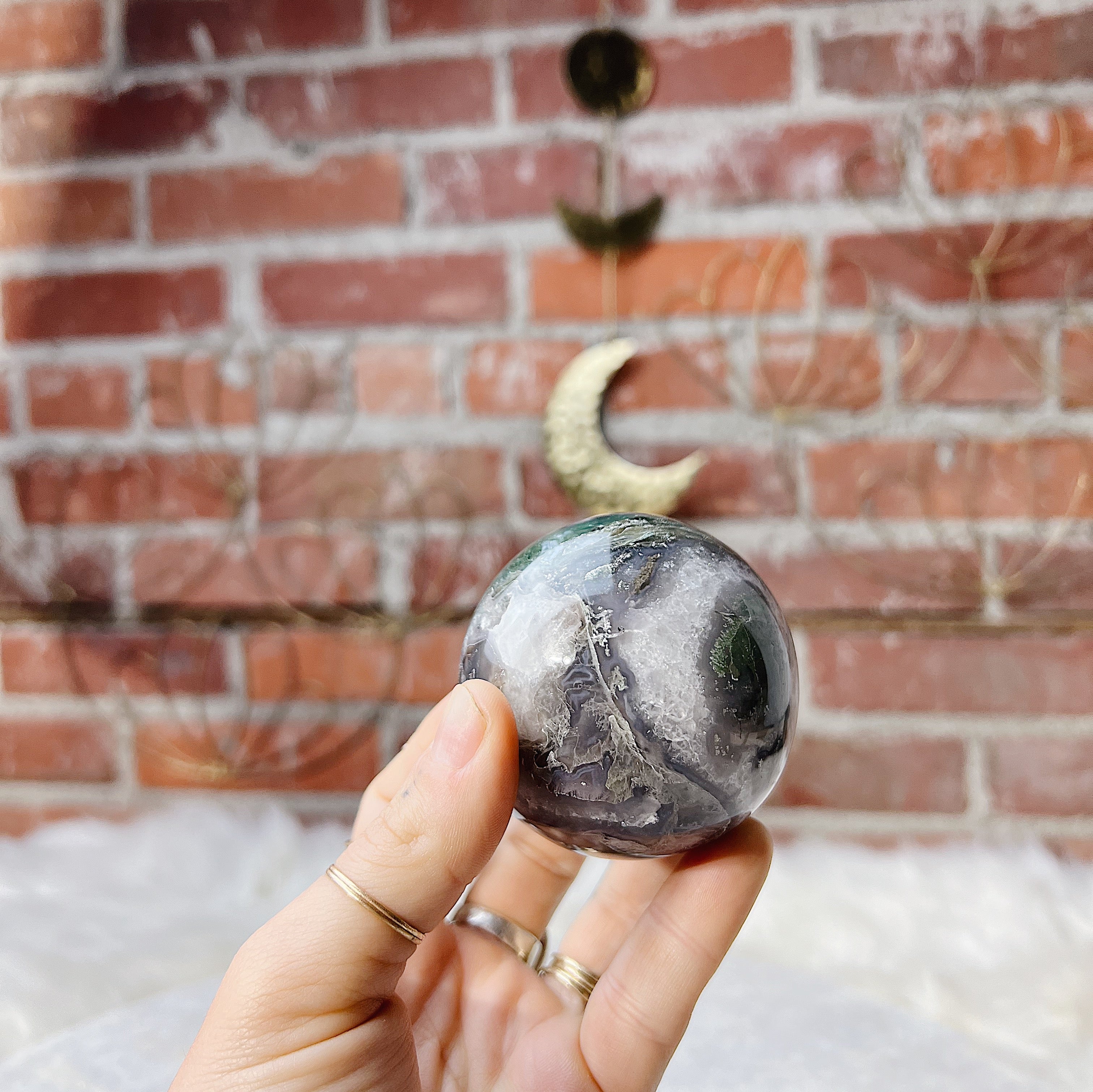 Intuitively Chosen Moss Agate Sphere Wild Alabaster