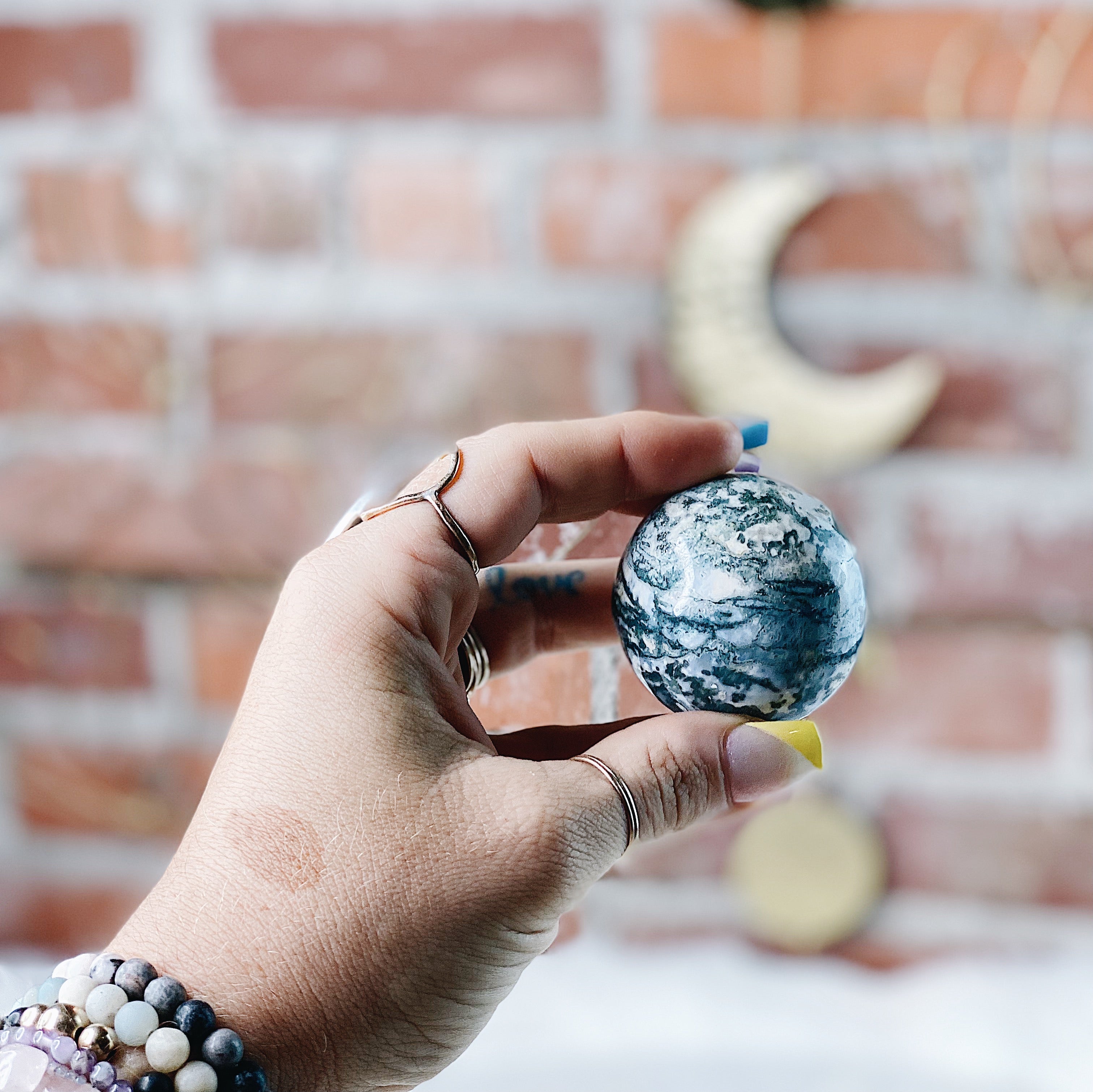 Intuitively Chosen Moss Agate Sphere Wild Alabaster