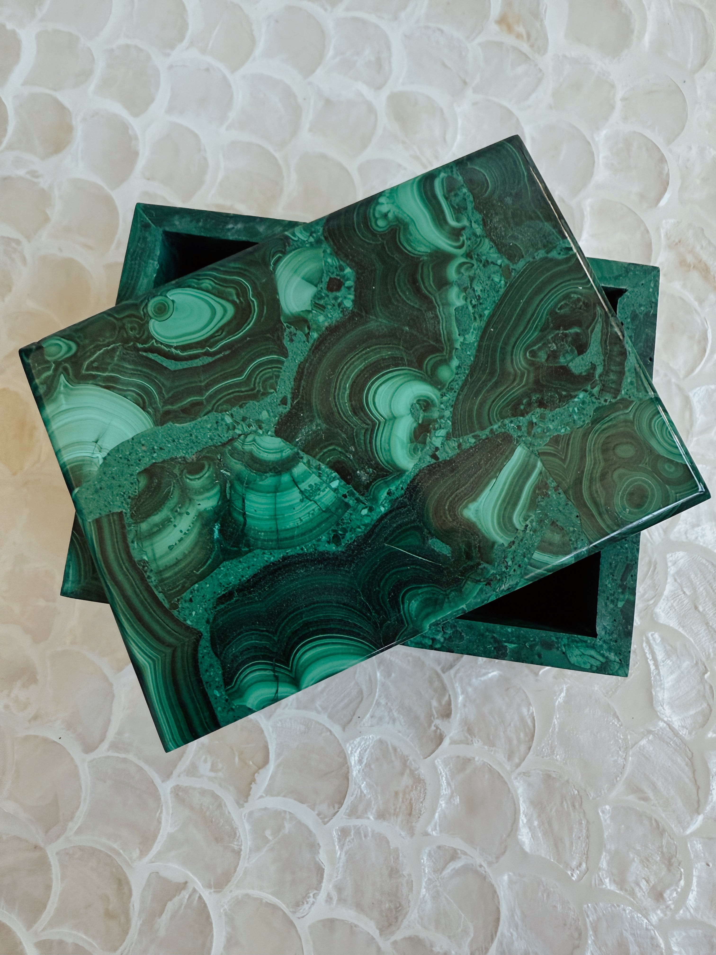 Small Malachite Trinket Box | Hand-Carved Crystal Box with Lid | Jewelry + Keepsake Storage