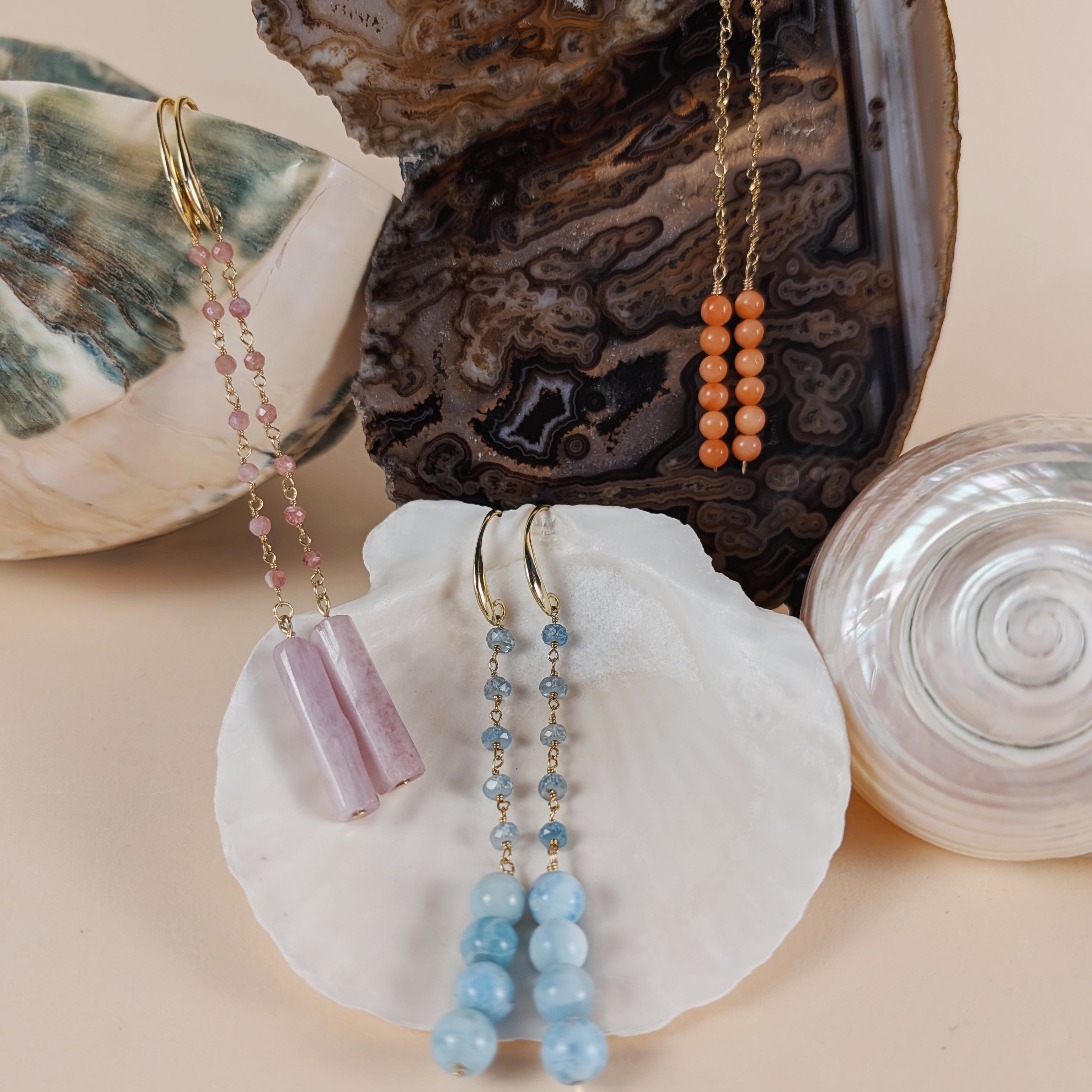 Louisa Earrings | Beaded Larimar + Coral + Kunzite
