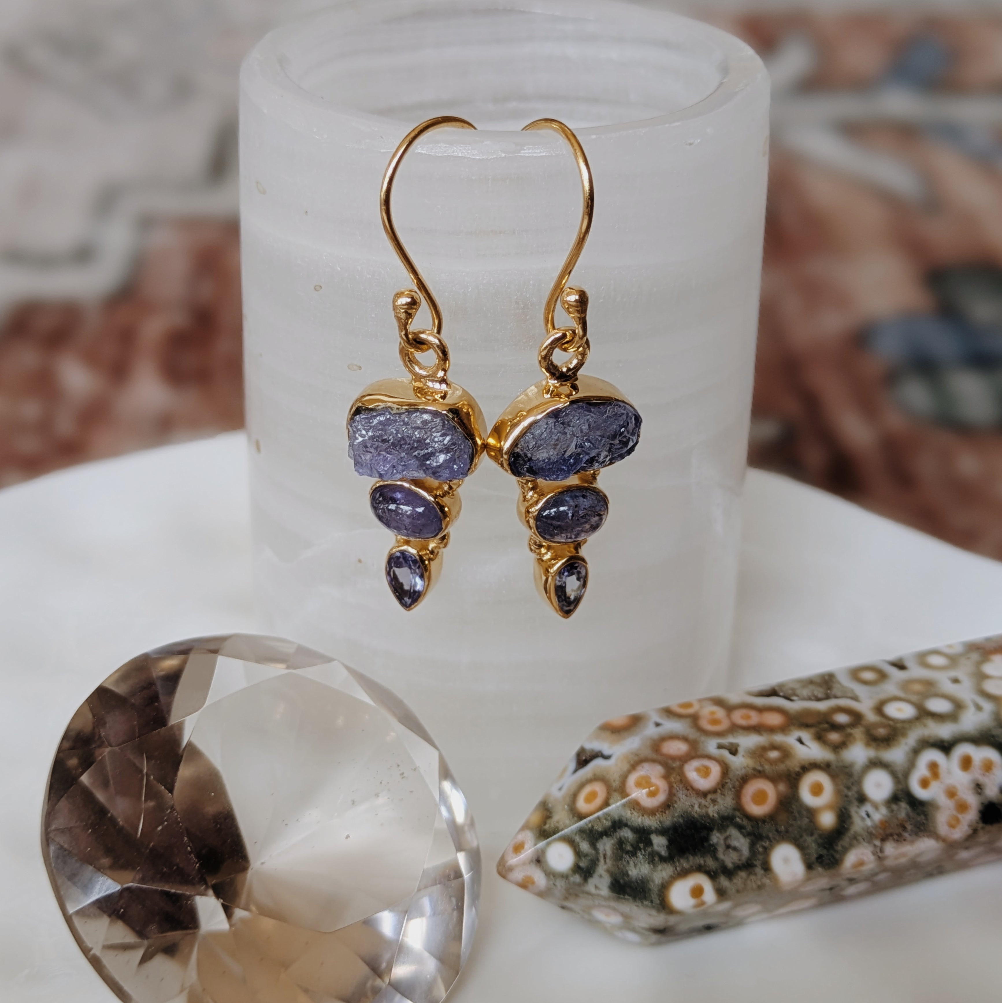 Raw x Polished Gemstone Dangle Earrings | Gold Wild Alabaster