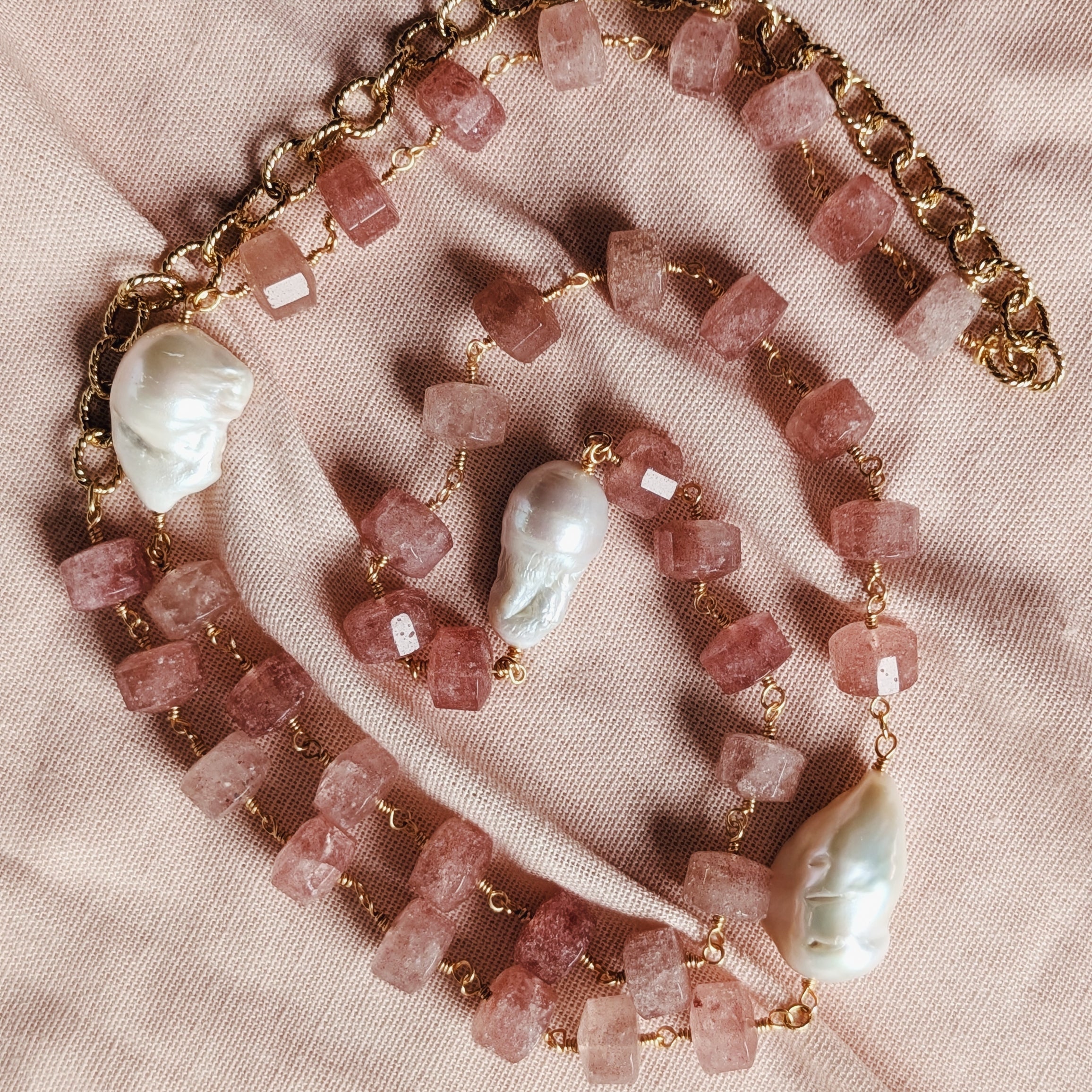 The Mireille Necklace | Strawberry Quartz & Baroque Pearl