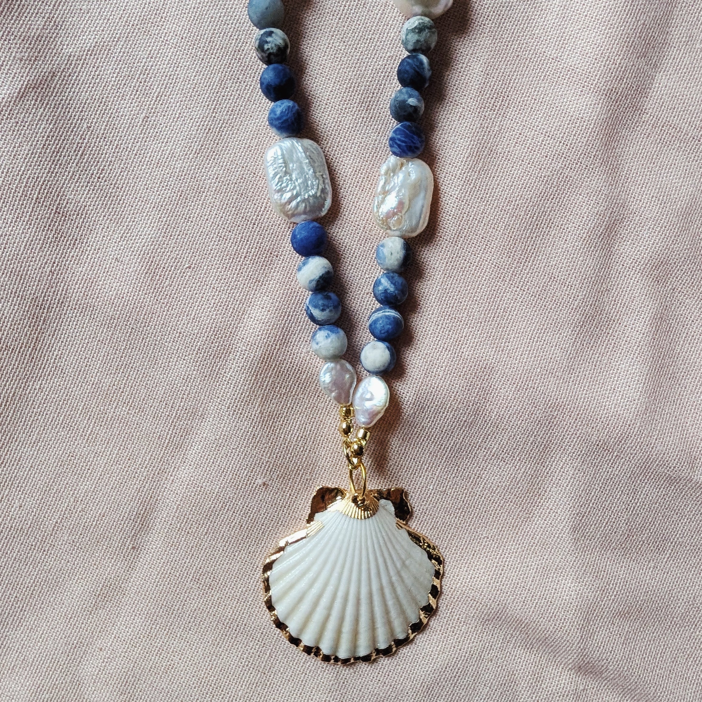 The Solenne Necklace | Sodalite, Baroque Pearl & Gilded Tiger Paw Shell
