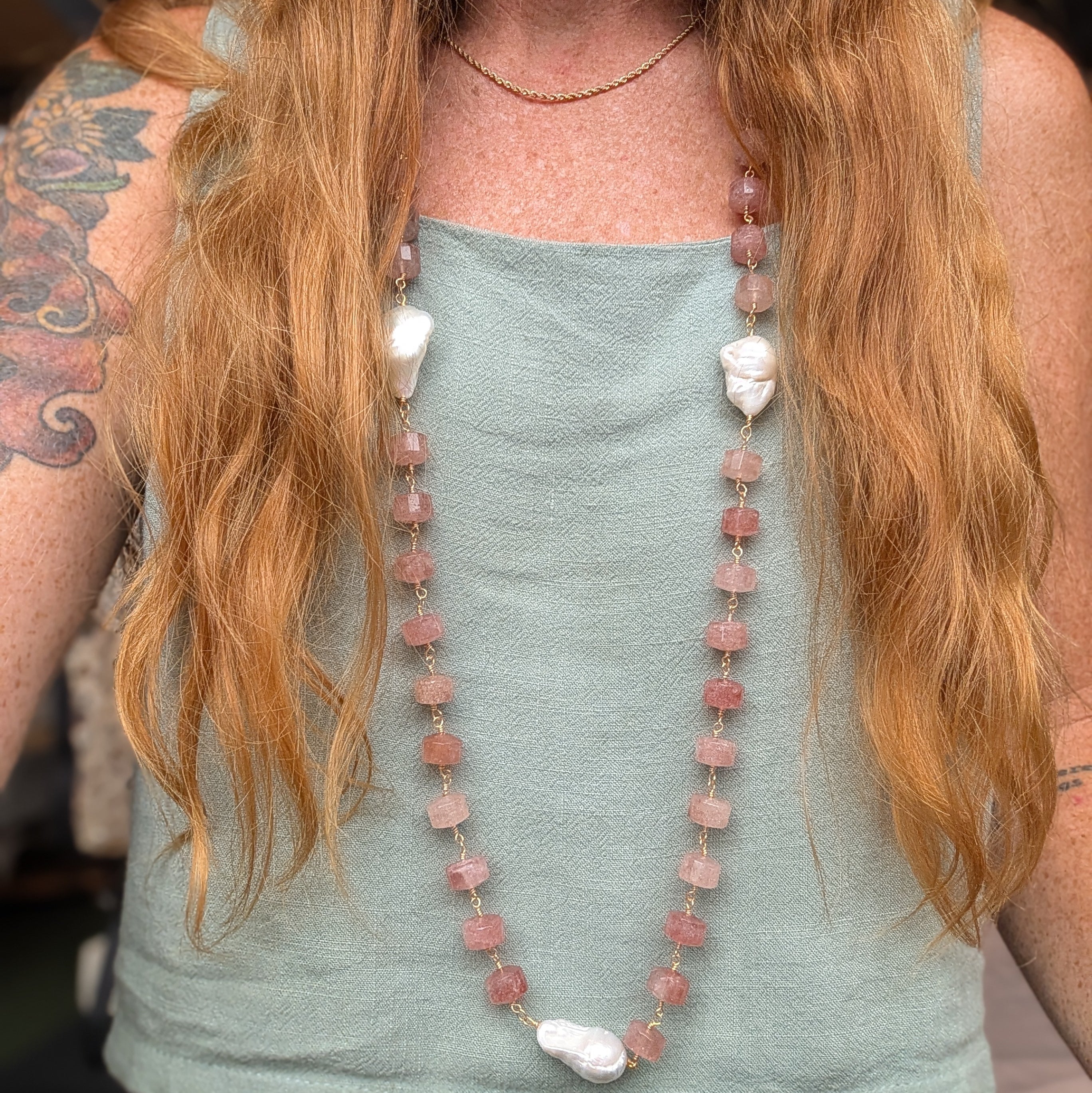 The Mireille Necklace | Strawberry Quartz & Baroque Pearl