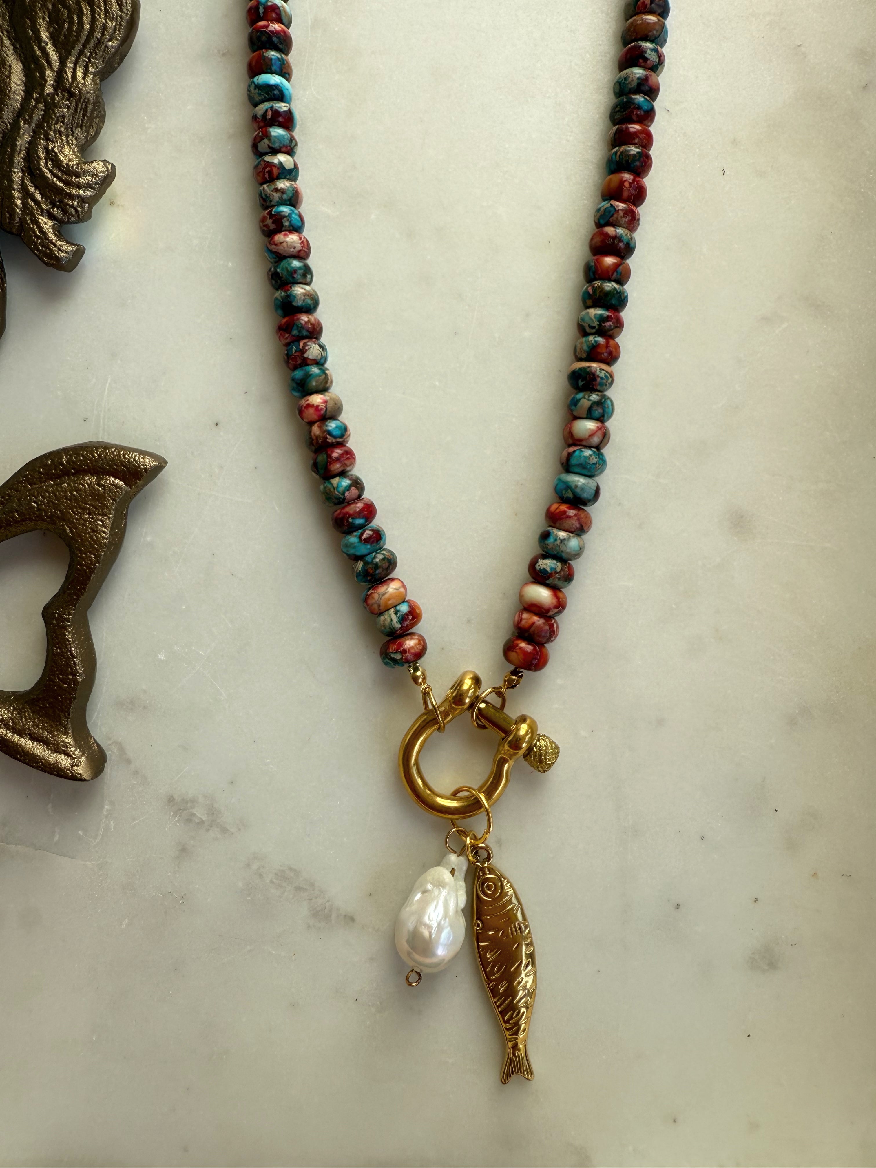 The Vesta Necklace – Imperial Jasper Beaded Necklace with 14K Gold Saylor Carabiner Clasp