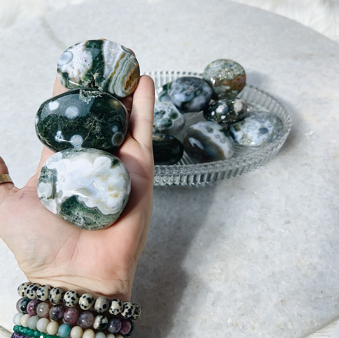 Intuitively Chosen Ocean Jasper First Quality 8th Vein Palm Stone Wild Alabaster