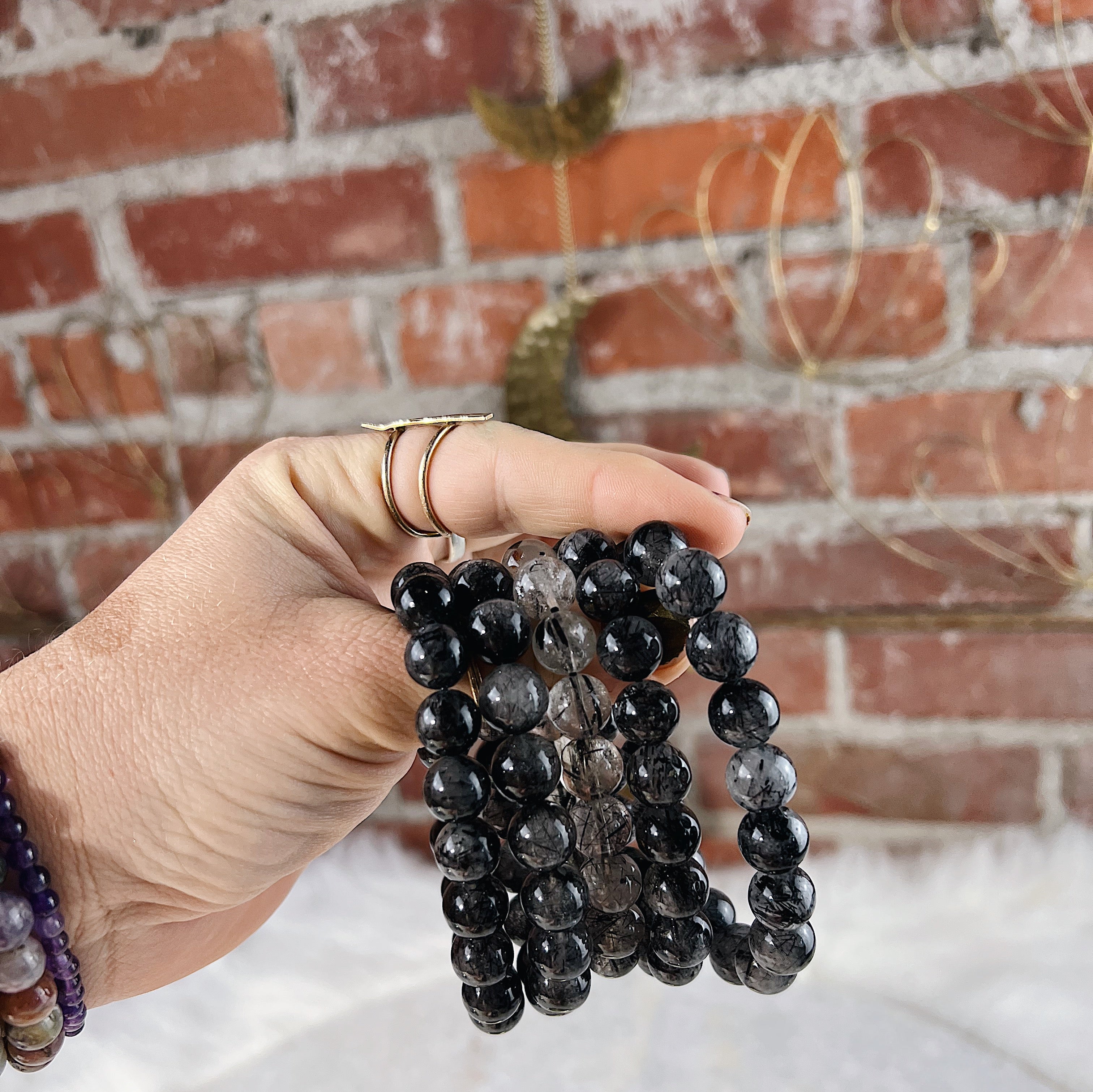 Intuitively Chosen Tourmalinated Quartz Round Stone Bracelet Wild Alabaster