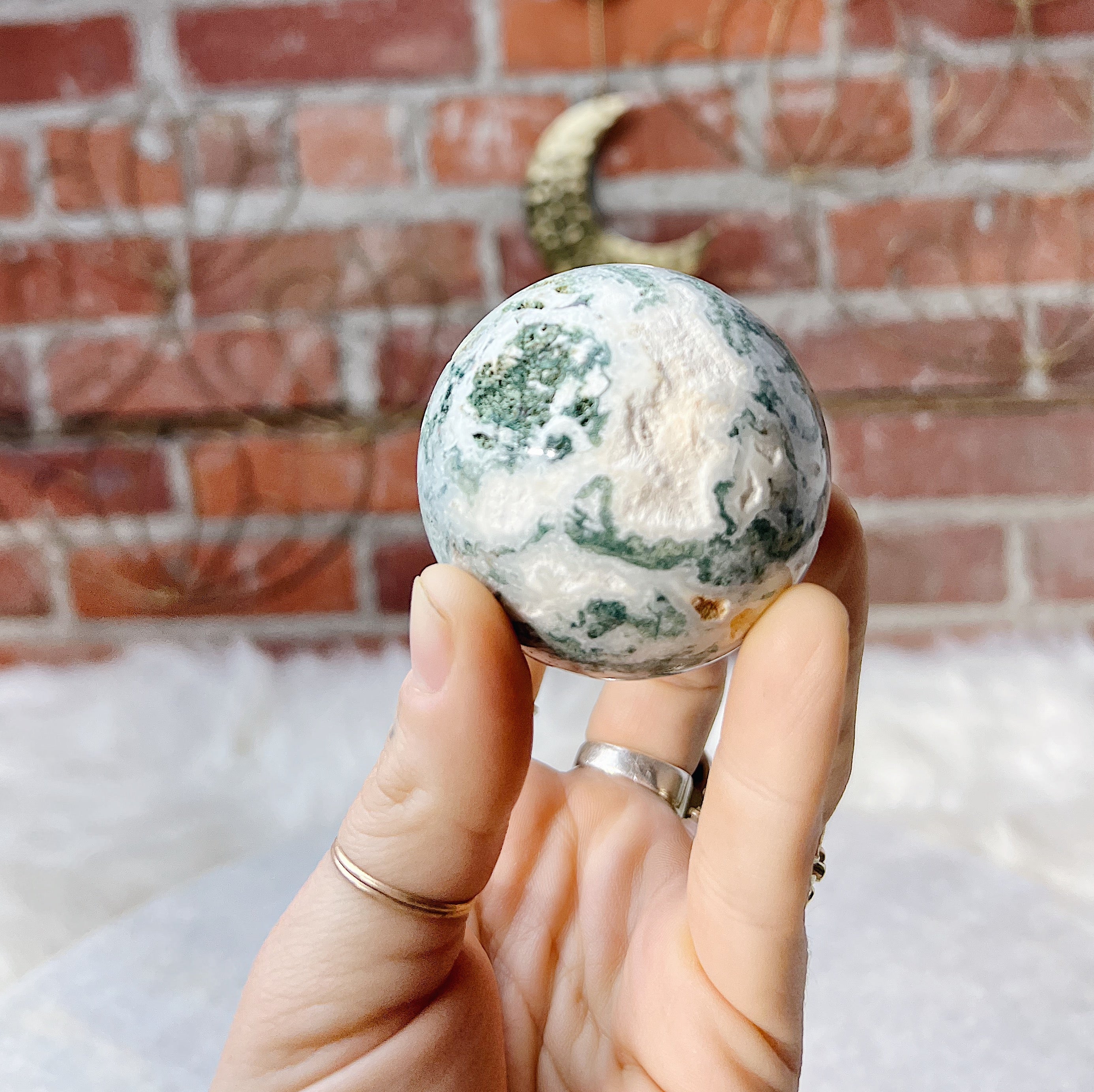 Intuitively Chosen Moss Agate Sphere Wild Alabaster